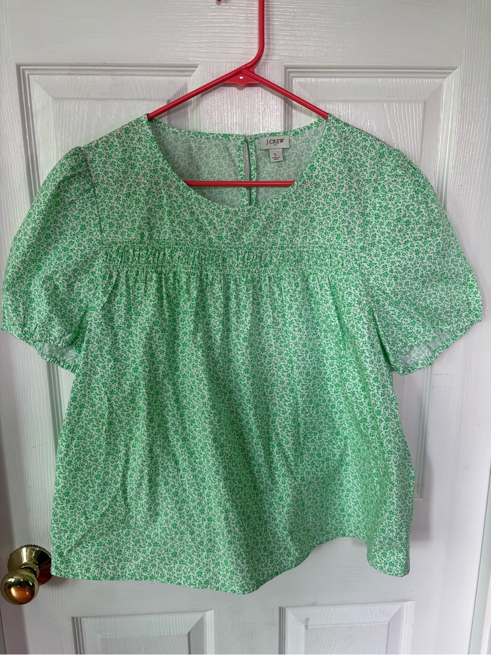 J. Crew Light Green Floral Smocked Yoke Short Sleeve Blouse